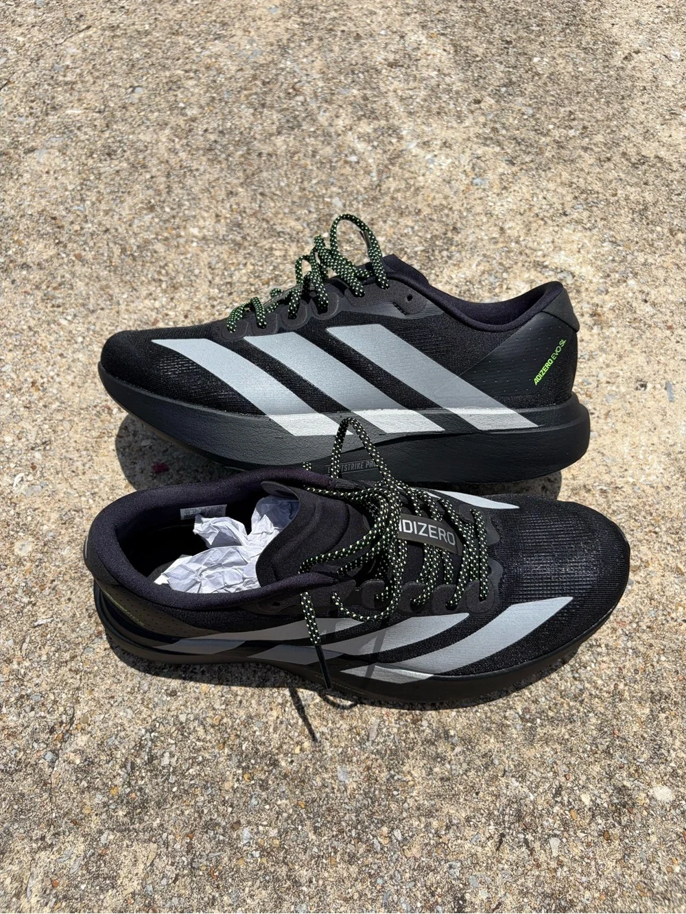 ADIDAS “Adizero Evo SL M” KJ1365 CBLACK/SILVMT (SZ 11) Reflective & Solid Laces